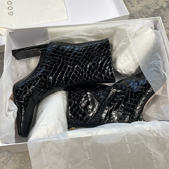 NIB Good American Black Patent Croc Leather Boots Square Toe Ankle Booties Sz 9 - Picture 8 of 13